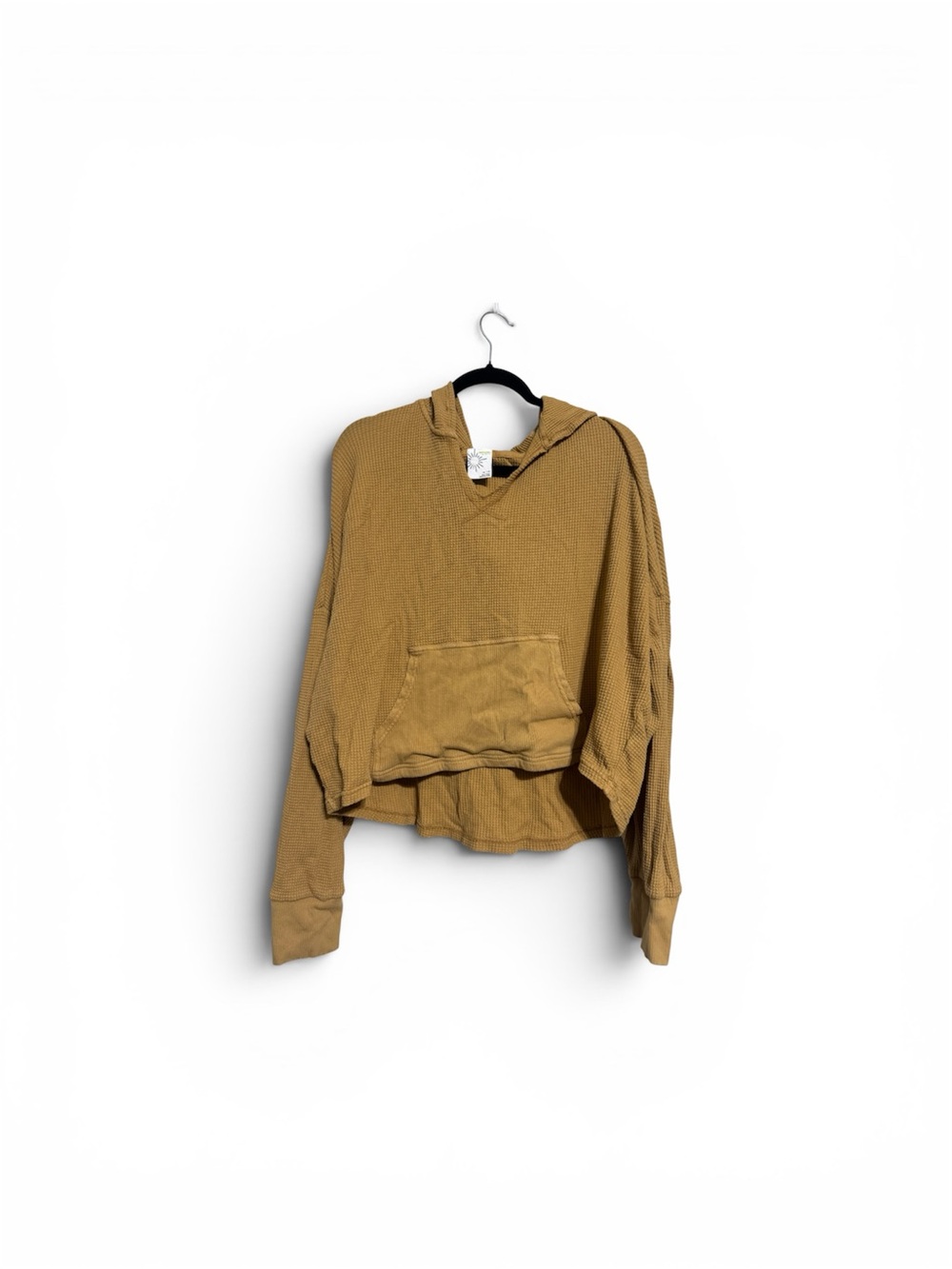 Offline by Arie Cropped Waffle-Knit Hoodie in mustard